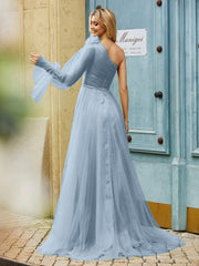Geschichtetes Blumen One-Shoulder A-Linie Tüllkleid Staubiges Blau