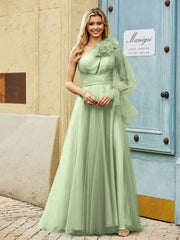 Geschichtetes Blumen One-Shoulder A-Linie Tüllkleid Staubiges Salbei