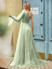Geschichtetes Blumen One-Shoulder A-Linie Tüllkleid Staubiges Salbei