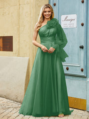 Geschichtetes Blumen One-Shoulder A-Linie Tüllkleid Smaragd