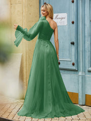 Geschichtetes Blumen One-Shoulder A-Linie Tüllkleid Smaragd