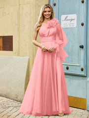 Geschichtetes Blumen One-Shoulder A-Linie Tüllkleid Flamingo