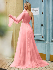 Geschichtetes Blumen One-Shoulder A-Linie Tüllkleid Flamingo