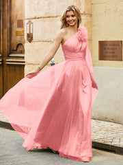 Geschichtetes Blumen One-Shoulder A-Linie Tüllkleid Flamingo