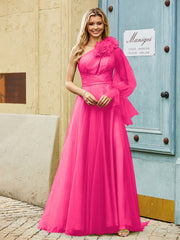 Geschichtetes Blumen One-Shoulder A-Linie Tüllkleid Fuchsia