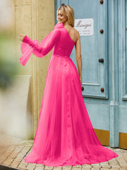 Geschichtetes Blumen One-Shoulder A-Linie Tüllkleid Fuchsia