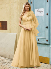 Geschichtetes Blumen One-Shoulder A-Linie Tüllkleid Gold