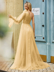 Geschichtetes Blumen One-Shoulder A-Linie Tüllkleid Gold