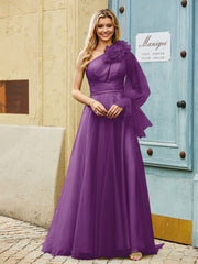 Geschichtetes Blumen One-Shoulder A-Linie Tüllkleid Traube
