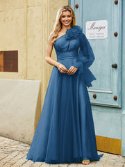 Geschichtetes Blumen One-Shoulder A-Linie Tüllkleid Tinte Blau