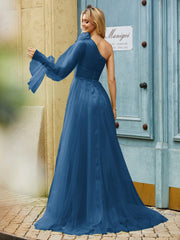 Geschichtetes Blumen One-Shoulder A-Linie Tüllkleid Tinte Blau