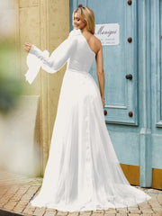 Geschichtetes Blumen One-Shoulder A-Linie Tüllkleid Elfenbein