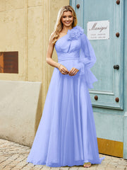 Geschichtetes Blumen One-Shoulder A-Linie Tüllkleid Lavendel