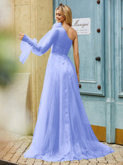 Geschichtetes Blumen One-Shoulder A-Linie Tüllkleid Lavendel