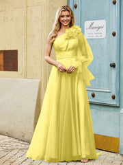 Geschichtetes Blumen One-Shoulder A-Linie Tüllkleid Zitrone