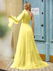 Geschichtetes Blumen One-Shoulder A-Linie Tüllkleid Zitrone