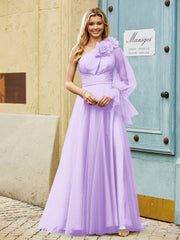 Geschichtetes Blumen One-Shoulder A-Linie Tüllkleid Lila