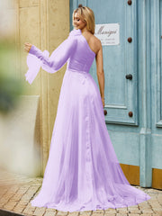 Geschichtetes Blumen One-Shoulder A-Linie Tüllkleid Lila