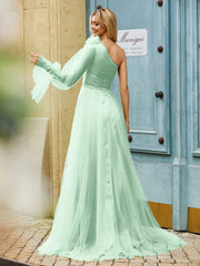 Geschichtetes Blumen One-Shoulder A-Linie Tüllkleid Minzgrün