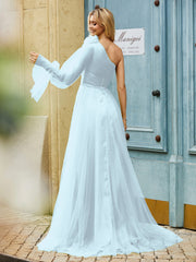Geschichtetes Blumen One-Shoulder A-Linie Tüllkleid Nebel