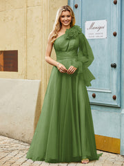 Geschichtetes Blumen One-Shoulder A-Linie Tüllkleid Moos