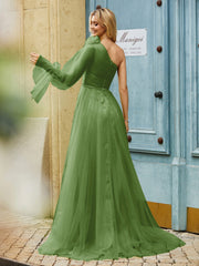 Geschichtetes Blumen One-Shoulder A-Linie Tüllkleid Moos