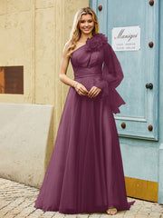 Geschichtetes Blumen One-Shoulder A-Linie Tüllkleid Maulbeere