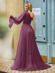 Geschichtetes Blumen One-Shoulder A-Linie Tüllkleid Maulbeere