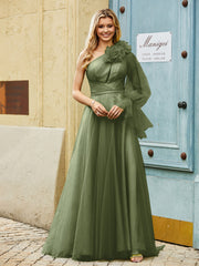 Geschichtetes Blumen One-Shoulder A-Linie Tüllkleid Olivgrün