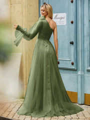 Geschichtetes Blumen One-Shoulder A-Linie Tüllkleid Olivgrün