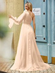 Geschichtetes Blumen One-Shoulder A-Linie Tüllkleid Pfirsich