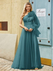 Geschichtetes Blumen One-Shoulder A-Linie Tüllkleid Pfau
