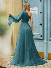 Geschichtetes Blumen One-Shoulder A-Linie Tüllkleid Pfau