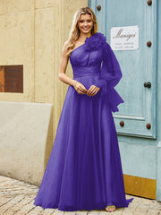 Geschichtetes Blumen One-Shoulder A-Linie Tüllkleid Regentschaft