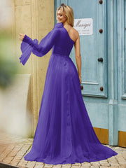 Geschichtetes Blumen One-Shoulder A-Linie Tüllkleid Regentschaft