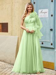 Geschichtetes Blumen One-Shoulder A-Linie Tüllkleid Salbei