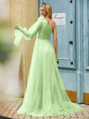 Geschichtetes Blumen One-Shoulder A-Linie Tüllkleid Salbei