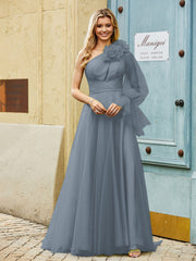 Geschichtetes Blumen One-Shoulder A-Linie Tüllkleid Schiefer Blau