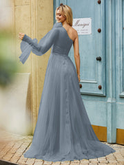 Geschichtetes Blumen One-Shoulder A-Linie Tüllkleid Schiefer Blau