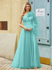 Geschichtetes Blumen One-Shoulder A-Linie Tüllkleid Spa