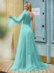 Geschichtetes Blumen One-Shoulder A-Linie Tüllkleid Spa