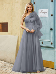 Geschichtetes Blumen One-Shoulder A-Linie Tüllkleid Stahlgrau