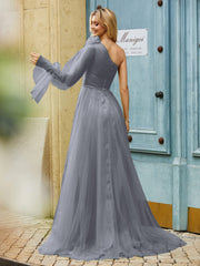 Geschichtetes Blumen One-Shoulder A-Linie Tüllkleid Stahlgrau