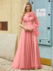 Geschichtetes Blumen One-Shoulder A-Linie Tüllkleid Sonnenuntergang