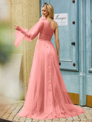 Geschichtetes Blumen One-Shoulder A-Linie Tüllkleid Sonnenuntergang