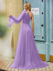 Geschichtetes Blumen One-Shoulder A-Linie Tüllkleid Tahiti