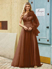 Geschichtetes Blumen One-Shoulder A-Linie Tüllkleid Terrakotta