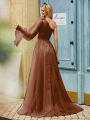 Geschichtetes Blumen One-Shoulder A-Linie Tüllkleid Terrakotta