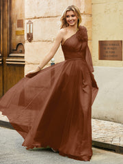 Geschichtetes Blumen One-Shoulder A-Linie Tüllkleid Terrakotta