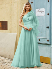 Geschichtetes Blumen One-Shoulder A-Linie Tüllkleid Türkis